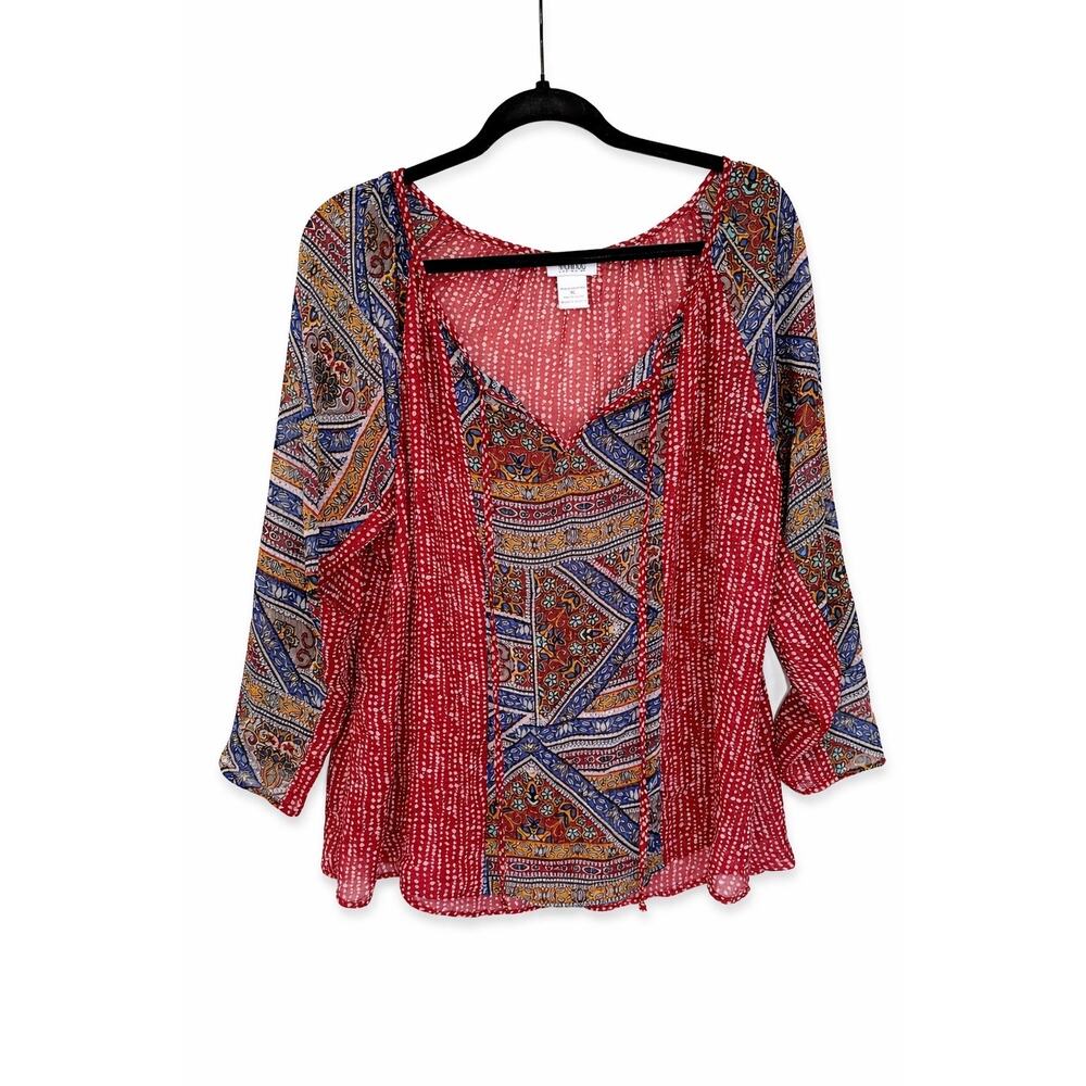 Monroe & Main Womens XL Boho Sheer Tie Front Hi Low Blouse Red Blue Festival Top